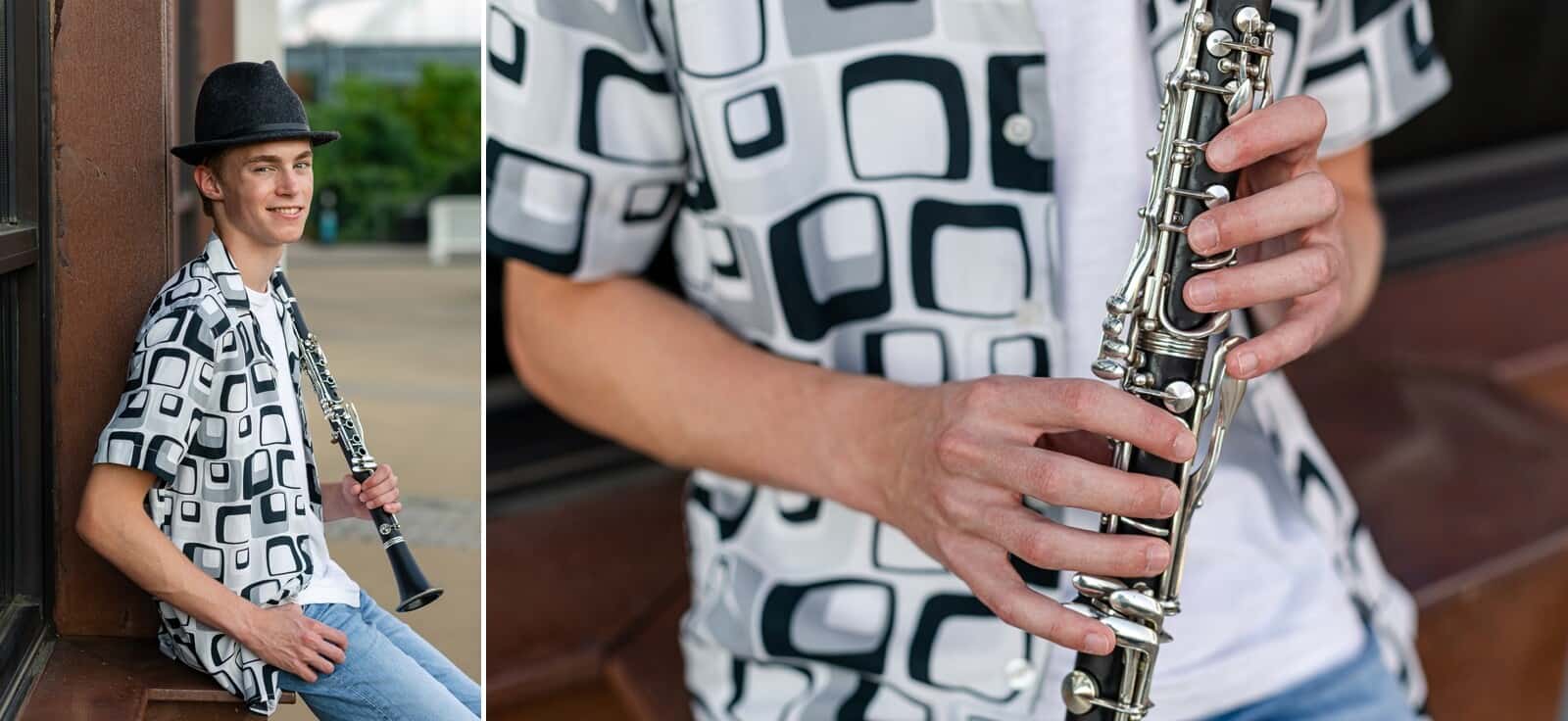 senior boy with clarinet during his portrait session